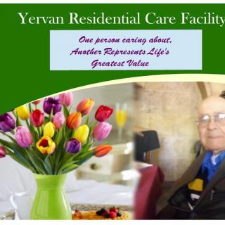 Yervan Residential Care Facility promotional image featuring a resident and a vase of tulips.