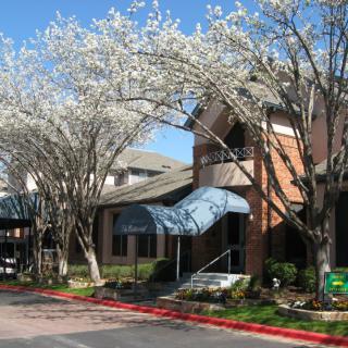 A residential building with blooming trees and a blue awning in spring.