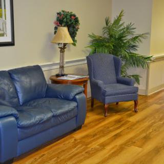 A cozy seating area featuring a blue sofa, an armchair, a lamp, and decorative plants.