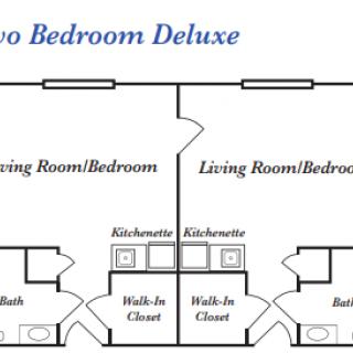 Floor plan of a two bedroom deluxe studio apartment layout.