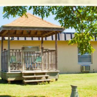 A gazebo on a grassy lawn with a building in the background and a tree providing shade.