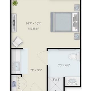 A floor plan of a one-bedroom apartment featuring a living area, bedroom, and bathroom.