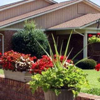A suburban house with a well-maintained garden featuring vibrant flowers and greenery.