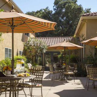 A sunny outdoor patio area with tables, chairs, and umbrellas surrounded by trees and buildings.