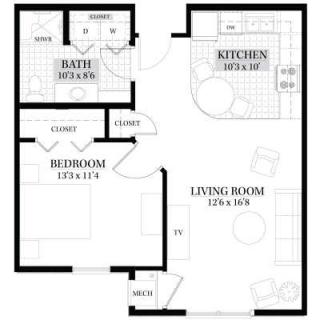 A floor plan of a one-bedroom apartment featuring a living room, kitchen, bathroom, and closet.
