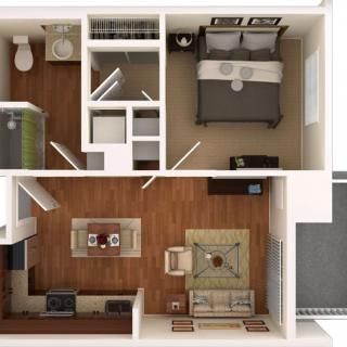 A detailed floor plan of a one-bedroom apartment featuring a bedroom, living room, kitchen, and bathroom.