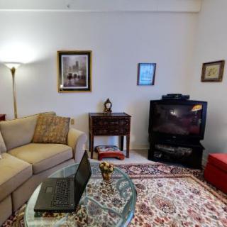 A cozy living room with a sofa, television, and decorative accents.