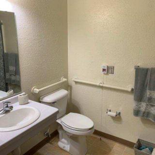 A tidy bathroom with a sink, toilet, and handrail.