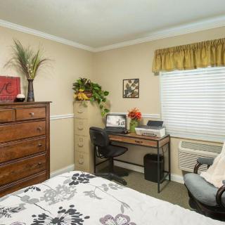 A cozy bedroom with a desk for work or study, featuring comfortable furniture and decorative plants.
