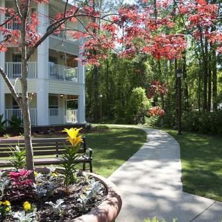 A serene garden pathway leading to an apartment building, surrounded by colorful flowers and lush trees.