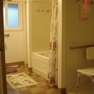 A well-lit bathroom with a bathtub, shower curtain, and safety bar.