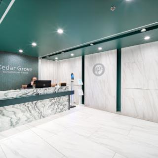 A sleek and modern reception area featuring marble elements and green accents.