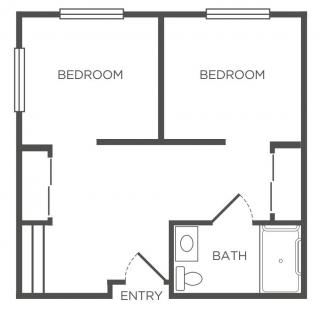 A simple floor plan depicting two bedrooms, a bathroom, and an entry area.