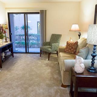 Cozy living room with a sofa, armchair, and a table lamp near sliding doors.
