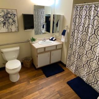 A modern bathroom with wooden flooring, featuring a toilet, sink, and patterned shower curtain.