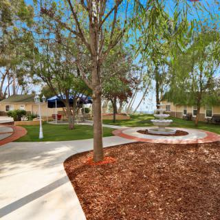 A serene park setting featuring a fountain, pathways, and lush greenery.