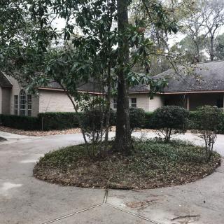 A suburban house with a curved driveway and a central tree.