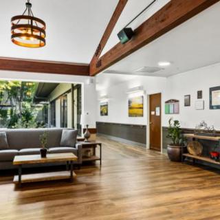 A spacious and modern living room with wooden flooring, large windows, and stylish decor.