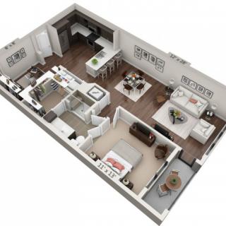 A 3D rendered floor plan of a modern two-bedroom apartment showcasing the layout and furniture arrangement.