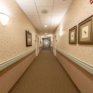 A long, carpeted hallway with framed artwork on the walls.