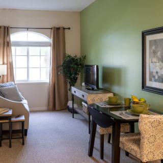 A modern living room with a green accent wall, featuring a cozy sofa, dining table, and a television near a large window.