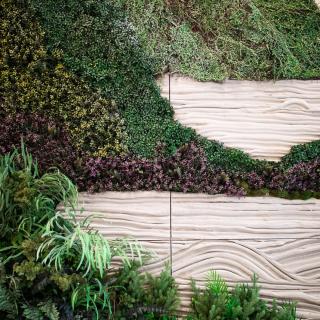 A modern green wall with lush plants and wooden panel accents.