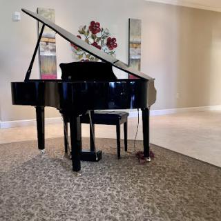 A beautiful grand piano elegantly placed in a well-decorated living space.