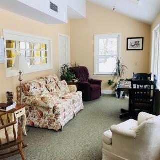 A cozy living room with floral and neutral-toned furniture, indoor plants, and soft lighting.