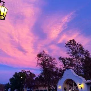 A beautiful sunset with pink clouds, silhouetted trees, and an illuminated street lamp near an archway.