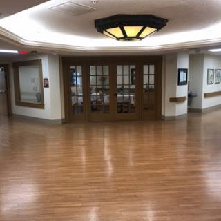 A view of a well-lit hallway featuring wooden flooring and elegant doors.