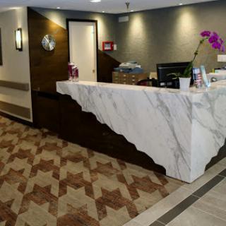 A modern reception area showcasing a stylish marble counter and elegant decor.