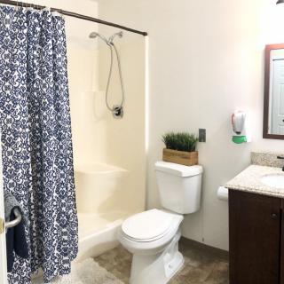 A well-organized bathroom with a shower and decorative elements.