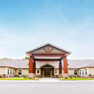 A symmetrical building entrance with a distinct architectural design.