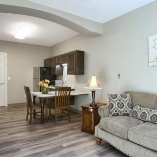 A modern open-concept living space with a cozy sofa, dining table, and a compact kitchen area.