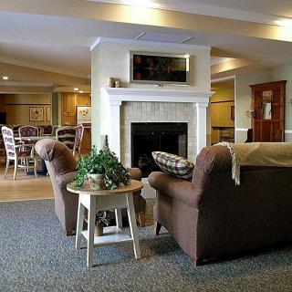 A cozy living room with a fireplace, comfortable chairs, and a side table with plants.