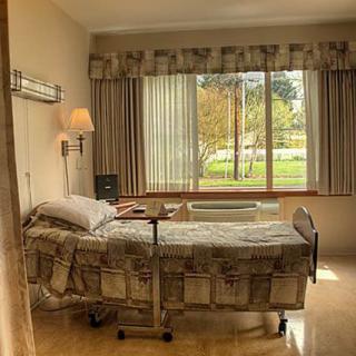 A hospital room with a single bed by a large window letting in sunlight.