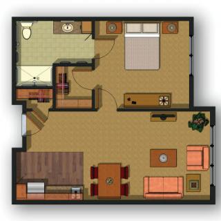 This image shows a floor plan of a one-bedroom apartment featuring a living room, kitchen, and bathroom.