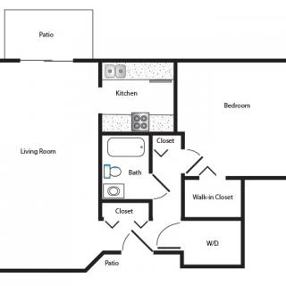 One-bedroom apartment floor plan with living room, kitchen, bathroom, and patio.
