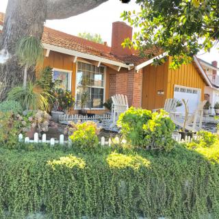 A charming wooden house surrounded by lush greenery and trees basking in sunlight.