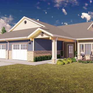 A suburban residential house with a double garage and a well-maintained lawn under a clear blue sky.