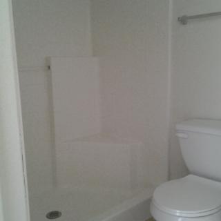 A minimalist bathroom featuring a shower and toilet.