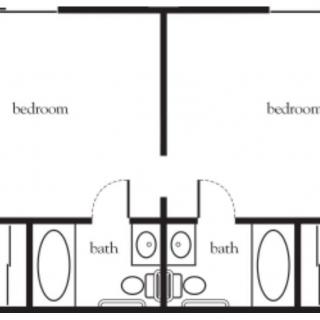 A floor plan showing two adjoining bedrooms, each with its own bathroom.