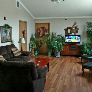 A cozy living room filled with lush indoor plants and comfortable seating, featuring a TV and warm wooden flooring.