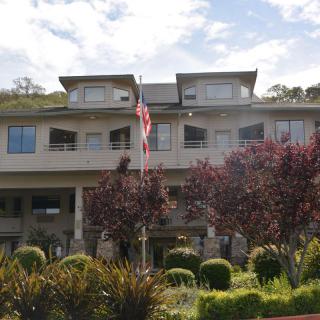 A large house with a front garden and an American flag flying in the yard.