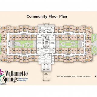 Community floor plan for Willamette Springs Senior Living, showcasing the building layout.