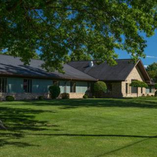 A sunny day view of a residential house with a well-maintained lawn and surrounding trees.