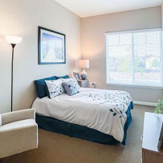 A cozy bedroom with a neatly made bed, soft lighting, and modern decor.