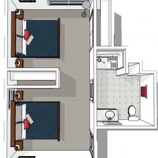 A floor plan featuring a bedroom with two beds and an adjoining bathroom.