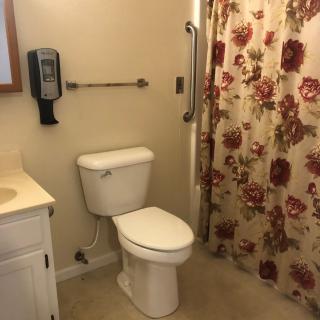 A clean bathroom featuring a toilet, sink, and floral shower curtain.
