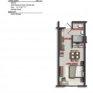 A floor plan of a one-bedroom apartment featuring a kitchen, living room, and bathroom.